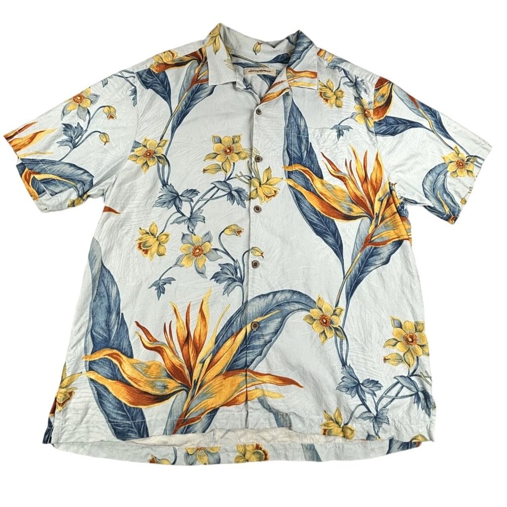 Tommy Bahama Floral Silk Hawaiian Shirt Bird of Paradise XL Resort Beach Coastal